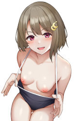 Rule 34 | 1girl, :d, black one-piece swimsuit, blush, breasts, brown hair, collarbone, crescent, crescent hair ornament, gluteal fold, hair ornament, highres, looking at viewer, love live!, love live! nijigasaki high school idol club, medium breasts, mizushina minato, nakasu kasumi, nipples, one-piece swimsuit, open mouth, pink eyes, short hair, simple background, smile, solo, swimsuit, white background