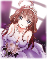 Rule 34 | 10s, 1girl, ahoge, blush, bouquet, breasts, brown hair, cleavage, diadem, dress, flower, grey eyes, jewelry, kantai collection, kongou (kancolle), large breasts, long hair, looking at viewer, lowres, necklace, nekoyanagi reo, pearl necklace, smile, solo, twitter username, wedding dress
