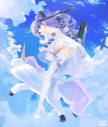 Rule 34 | 1girl, absurdres, aircraft, airplane, ass, azur lane, backless dress, backless outfit, bare shoulders, black bow, black ribbon, blue sky, bow, cloud, commentary request, copyright name, dated, day, detached sleeves, dress, flying, from below, full body, hair bun, headgear, high heels, highres, lace, lace-trimmed ribbon, lace trim, long hair, looking at viewer, mango cat, one side up, panties, petite, purple eyes, purple hair, ribbon, see-through, side bun, single hair bun, single side bun, sky, stuffed unicorn, tears, thighhighs, underwear, unicorn, unicorn (azur lane), white dress, white footwear, white panties, white thighhighs