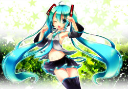 Rule 34 | 1girl, ahoge, aqua hair, armpits, artist name, detached sleeves, green eyes, hatsune miku, headset, long hair, mikoko (mg2), navel, necktie, one eye closed, open mouth, panties, pantyshot, paw pose, skirt, solo, star (symbol), striped clothes, striped panties, tattoo, thighhighs, twintails, underwear, upskirt, very long hair, vocaloid, wink