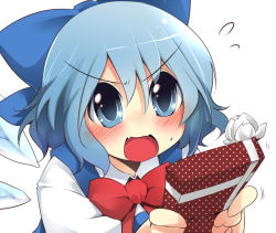 Rule 34 | 1girl, aki (akikaze asparagus), blue dress, blue eyes, blue hair, blush, bow, box, cirno, determined, dress, fang, gift, gift box, hair bow, ice, ice wings, matching hair/eyes, open mouth, shirt, solo, touhou, upper body, valentine, wings