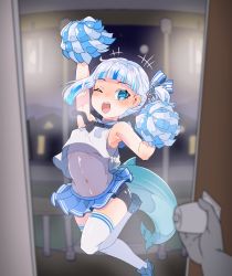 Rule 34 | 1girl, blue eyes, blue hair, cheerleader, crop top, doorway, fins, fish tail, gawr gura, grey hair, highres, hololive, hololive english, looking at viewer, midriff, moral cacoethes, multicolored hair, navel, open mouth, pleated skirt, pom pom (cheerleading), pov doorway, see-through, see-through midriff, shark tail, skirt, smile, streaked hair, tail, teeth, thighhighs, virtual youtuber