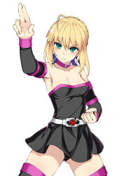 Rule 34 | 1girl, ahoge, armpits, artoria pendragon (all), artoria pendragon (fate), bare shoulders, belt, black dress, blonde hair, blush, braid, breasts, cleavage, collarbone, cosplay, detached sleeves, dress, fate/stay night, fate (series), french braid, green eyes, hair between eyes, henshin pose, kamen rider, kamen rider black (series), long hair, looking at viewer, medium breasts, medusa (fate), medusa (rider) (fate), medusa (rider) (fate) (cosplay), namonashi, saber (fate), sidelocks, simple background, strapless, strapless dress, thighhighs, thighs, white background