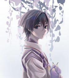 Rule 34 | 1boy, absurdres, black bow, black hair, blue eyes, bow, branch, closed mouth, commentary, detached sleeves, english commentary, flower, food, fruit, genshin impact, gradient background, grey background, grey vest, hair between eyes, hand up, highres, kanae1080, leaf, long sleeves, looking at viewer, mandarin collar, pears, pom pom (clothes), purple bow, purple flower, purple shirt, red bow, scaramouche (genshin impact), scaramouche (kabukimono) (genshin impact), shirt, short hair, solo, standing, teeth, vest, white background, wide sleeves