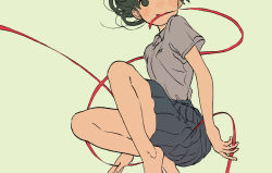 Rule 34 | 1girl, bare arms, bare legs, barefoot, black eyes, black hair, black skirt, blush, closed mouth, collared shirt, commentary request, from side, green background, grey shirt, highres, knees up, looking at viewer, mouth hold, no pupils, original, pleated skirt, red ribbon, ribbon, ribbon in mouth, school uniform, shiki haru, shirt, short sleeves, simple background, skirt, solo