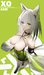 Rule 34 | 1girl, animal ears, arknights, bare shoulders, black choker, breasts, breasts out, cat ears, choker, cleavage, commentary, dress, embarrassed, from above, frown, green background, green dress, green eyes, kal&#039;tsit (arknights), large breasts, light areolae, looking at viewer, nipples, no bra, off shoulder, omone hokoma agm, pantyhose, short hair, simple background, solo, standing, white hair