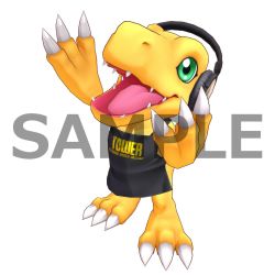 Rule 34 | 3d, agumon, apron, black apron, claws, creature, digimon, digimon (creature), digimon story: cyber sleuth, game model, green eyes, headphones, highres, no humans, official art, open mouth, sample watermark, simple background, solo, teeth, tongue, tower records, watermark