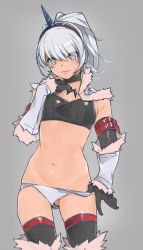 Rule 34 | 1girl, 3:, black choker, black gloves, black hairband, black thighhighs, blush, breasts, buckle, choker, cleavage, commentary request, cowboy shot, crossed arms, elbow gloves, frown, fur trim, gloves, gluteal fold, grey background, grey eyes, hair between eyes, hairband, hand on own chest, head tilt, horns, kirin (armor), kochiya (gothope), long hair, looking at viewer, medium breasts, monster hunter (series), navel, panties, panty pull, ponytail, pulling own clothes, silver hair, simple background, single horn, solo, stomach, sweat, thighhighs, underwear, white panties