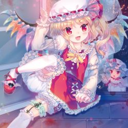 Rule 34 | 2girls, :d, :o, adapted costume, adapted object, amo (shibu3), bat wings, blonde hair, bloomers, blue hair, blush, brick wall, bridal garter, chestnut mouth, crystal, curtains, fang, flandre scarlet, frilled legwear, frilled shirt collar, frilled sleeves, frills, garter straps, hand up, hat, hat ribbon, heart, highres, juliet sleeves, lace, laevatein, leg up, long sleeves, looking at another, looking up, mob cap, multiple girls, neck ribbon, open mouth, outstretched arm, petticoat, puffy sleeves, red eyes, red footwear, red ribbon, red skirt, red vest, remilia scarlet, ribbon, ribbon-trimmed headwear, ribbon trim, shirt, short hair, siblings, side ponytail, sisters, skirt, skirt set, smile, thighhighs, touhou, tsurime, underwear, v-shaped eyebrows, vest, white bloomers, white shirt, white thighhighs, window, wings, yellow ribbon