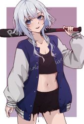 Rule 34 | 1girl, absurdres, baseball bat, black shorts, blue eyes, blue hair, blue jacket, blush, breasts, cleavage, collarbone, commentary, crop top, highres, hitozche, hololive, hololive indonesia, jacket, long hair, long sleeves, looking at viewer, medium breasts, midriff, navel, open clothes, open jacket, open mouth, puffy sleeves, raglan sleeves, short hair with long locks, shorts, smile, solo, teeth, upper teeth only, vestia zeta, virtual youtuber