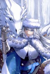 Rule 34 | 1girl, animal ears, blue eyes, cape, capelet, cat ears, cat girl, dobrynya nikitich (fate), dobrynya nikitich (first ascension) (fate), dress, fate/grand order, fate (series), fur-trimmed cape, fur-trimmed capelet, fur-trimmed headwear, fur trim, gauntlets, hat, highres, kankitsurui (house of citrus), long hair, long sleeves, looking at viewer, smile, white cape, white capelet, white hair