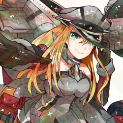 Rule 34 | 10s, 1girl, anchor, aqua eyes, armband, bad id, bad nicoseiga id, bare shoulders, bismarck (kancolle), blonde hair, cannon, cross, hat, itomugi-kun, kantai collection, long hair, military hat, outstretched arm, personification, smile, solo, turret, weapon