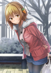 Rule 34 | 1girl, arms behind back, bag, bare tree, bench, black pantyhose, blonde hair, blue shorts, blush, breasts, bush, buttons, cardigan, carrot hair ornament, closed mouth, day, food-themed hair ornament, fur trim, hair intakes, hair ornament, highres, holding, hood, hood down, hooded jacket, jacket, leaning forward, long sleeves, looking at viewer, medium breasts, open clothes, open jacket, original, outdoors, pantyhose, pavement, pink jacket, railing, shopping bag, short hair, short shorts, shorts, sidelocks, smile, solo, standing, tree, wing collar, winter clothes, yellow eyes, yoropa