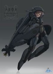 Rule 34 | 1girl, absurdres, armor, armored bodysuit, black bodysuit, bodysuit, breasts, brown eyes, brown hair, commentary request, covered navel, full body, gradient background, grey background, helmet, highres, looking at viewer, mecha musume, medium breasts, original, personification, shadow, solo, soruto 0w98e, submarine, teeth, tsurime, upper teeth only, watercraft