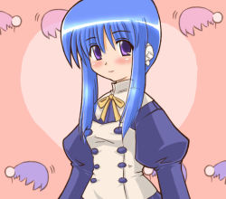 Rule 34 | 00s, 1girl, blue hair, ilfa (to heart), muhyowo, pink background, purple eyes, robot ears, short hair with long locks, smile, solo, to heart (series), to heart 2