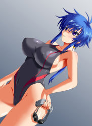 Rule 34 | 1girl, antenna hair, black one-piece swimsuit, blue hair, blush, breasts, cameltoe, competition swimsuit, covered erect nipples, covered navel, cowboy shot, dutch angle, flipped hair, from side, gedoumaru, goggles, gradient background, grey background, groin, hair tubes, hand on own hip, highleg, highleg swimsuit, holding, kiryuu kaede, kyouiku shidou, large breasts, long hair, looking to the side, low ponytail, one-piece swimsuit, parted lips, ponytail, purple eyes, reference work, sideboob, sidelocks, solo, standing, swim cap, swimsuit, taut clothes, taut swimsuit, thighs, wide hips