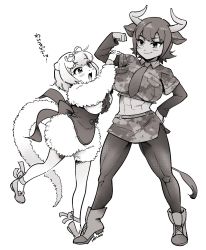 2girls, abs, animal ears, aurochs (kemono friends), back bow, boots, bow, camouflage, camouflage shirt, camouflage skirt, center frills, corset, cow ears, cow girl, cow horns, cow tail, crop top, eyebrows visible through hair, flexing, footwear bow, frills, full body, fur sleeves, greyscale, hair bow, highres, horns, kemono friends, long sleeves, midriff, miniskirt, monochrome, multiple girls, muscular, necktie, pantyhose, pencil skirt, pose, shirt, short hair, short sleeves, silky anteater (kemono friends), skirt, smile, tail, translation request, yokuko zaza