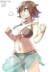 Rule 34 | 1girl, puff of air, absurdres, bikini, brown hair, commentary request, cowboy shot, flipped hair, hairband, headgear, hiei (kancolle), highres, kantai collection, layered bikini, looking to the side, marusa (marrusa), one-hour drawing challenge, sarong, short hair, simple background, solo, standing, twitter username, two-tone bikini, white background