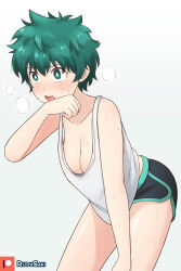 Rule 34 | 1girl, absurdres, artist name, bare arms, bare shoulders, black shorts, blush, boku no hero academia, breasts, collarbone, dolphin shorts, downblouse, freckles, genderswap, genderswap (mtf), green eyes, green hair, hand on own knee, hand up, highres, leaning forward, medium breasts, messy hair, midoriya izuku, nose blush, open mouth, patreon logo, rudy saki, short hair, short shorts, shorts, simple background, solo, sweat, tank top, white background, white tank top