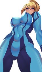 Rule 34 | 1girl, :o, blonde hair, blue bodysuit, blue eyes, blush, bodysuit, breasts, covered navel, from below, hair between eyes, highres, large breasts, long hair, looking at viewer, metroid, metroid (classic), nintendo, open mouth, ponytail, samus aran, simple background, skin tight, solo, thighs, volyz, white background, zero suit