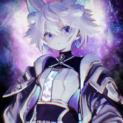 Rule 34 | 1girl, animal ears, cevio, closed mouth, coko (cevio), earrings, expressionless, extra ears, high collar, highres, jacket, jacket partially removed, jewelry, long hair, looking at viewer, nonopace, purple eyes, short hair, skin tight, solo, white hair