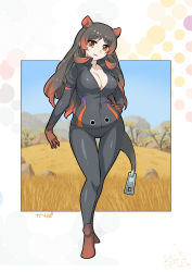 Rule 34 | 10s, 1girl, animal ears, black hair, bodysuit, breasts, brown eyes, cleavage, commentary request, full body, gloves, gradient hair, highres, hippopotamus (kemono friends), hippopotamus ears, hippopotamus tail, kemono friends, large breasts, long hair, multicolored hair, open mouth, red hair, solo, standing, tail, umigarasu (kitsune1963)