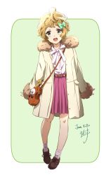 Rule 34 | 1girl, arms behind back, bag, belt, blonde hair, bobby socks, brown footwear, casual, coat, commentary, cross-laced footwear, dated, fur-trimmed coat, fur trim, green background, green eyes, hair ribbon, handbag, hibike! euphonium, highres, kawashima sapphire, long sleeves, looking at viewer, messy hair, nii manabu, open mouth, outside border, pleated skirt, purple skirt, ribbon, rounded corners, shirt, signature, simple background, skirt, socks, solo, standing, tachi-e, teeth, thick eyebrows, upper teeth only, white background, white coat, white shirt, white socks