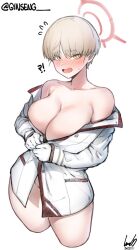 Rule 34 | !?, 1girl, blonde hair, blue archive, blush, bottomless, breasts, cowboy shot, ginseng (xin), gloves, halo, highres, jacket, large breasts, long sleeves, marina (blue archive), military uniform, open mouth, short hair, solo, unbuttoned, unbuttoned jacket, uniform, white gloves, white jacket, yellow eyes