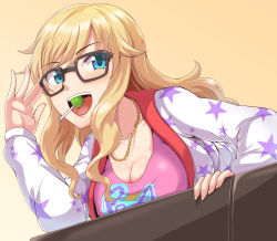 Rule 34 | 10s, 1girl, bespectacled, blonde hair, blue eyes, blush, breast rest, breasts, candy, cleavage, dan (orange train), food, glasses, idolmaster, idolmaster cinderella girls, jewelry, large breasts, lollipop, long hair, looking at viewer, necklace, ohtsuki yui, open mouth, smile, solo, star (symbol)