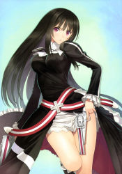 Rule 34 | 1girl, absurdres, amulet, black hair, breasts, dual wielding, gun, handgun, highres, holding, impossible clothes, kilmaria aideen, large breasts, long hair, looking at viewer, open mouth, purple eyes, revolver, scan, sega, shining (series), shining ark, shining blade, solo, taut clothes, thigh gap, tony taka, trigger discipline, very long hair, weapon