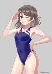 Rule 34 | 1girl, absurdres, blue eyes, blue one-piece swimsuit, brown hair, competition swimsuit, covered navel, grey background, hand on own hip, highres, logo, looking at viewer, love live!, love live! sunshine!!, medium hair, one-piece swimsuit, one eye closed, rinon42600, salute, short hair, simple background, solo, swimsuit, tongue, tongue out, watanabe you