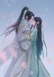 Rule 34 | 1boy, 1girl, black hair, blue sky, chinese clothes, copyright request, dress, eye contact, flower, green dress, hair flower, hair ornament, hair rings, high ponytail, lilianlotus, long hair, long sleeves, looking at another, outdoors, sidelocks, sky, smile, snowing, standing, very long hair