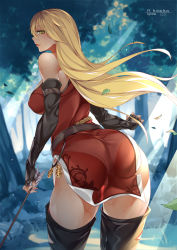 Rule 34 | 1girl, ass, blonde hair, boots, breasts, commission, commissioner upload, d. joko, fire emblem, fire emblem: the binding blade, from behind, gloves, highres, igrene (fire emblem), long hair, mole, mole under eye, nintendo, pants, pants under dress, sideboob, thigh boots, thighhighs, yellow eyes