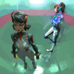 2gbram 2girls against_wall black_hair blue_bodysuit bodysuit brown_hair crossed_arms crossover d.va_(overwatch) elevator facial_mark foot_against_wall from_side full_body grey_bodysuit grey_hair headset highres indoors marvel marvel_rivals mecha_pilot_suit meka_(overwatch) multiple_girls neon_genesis_evangelion overwatch parody peni_parker profile scene_reference short_hair spider-man_(series) spider-verse standing standing_on_one_leg thighs trait_connection twintails v-shaped_eyebrows whisker_markings