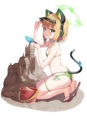 Rule 34 | 1girl, animal ears, ass, bikini, blonde hair, blue archive, bow, breasts, bucket, cat tail, collarbone, fake animal ears, feet, from side, full body, green bikini, green eyes, hair bow, halterneck, hands up, headphones, holding, legs, looking at viewer, mannack, medium hair, midori (blue archive), sand, sand castle, sand sculpture, sandals, shiny skin, shovel, side-tie bikini bottom, sidelocks, simple background, skindentation, small breasts, soles, solo, string bikini, sweatdrop, swimsuit, tail, thigh strap, thighs, toes, visor cap, white background