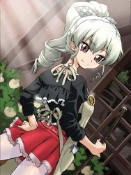 Rule 34 | 10s, 1girl, alternate hairstyle, anchovy (girls und panzer), anzio (emblem), black shirt, broom, bush, casual, closed mouth, cowboy shot, day, drill hair, dutch angle, emblem, frilled skirt, frills, from behind, girls und panzer, green hair, hair ribbon, hand on own hip, holding, jpeg artifacts, long hair, long sleeves, looking at viewer, looking back, miniskirt, outdoors, ponytail, r-ex, red eyes, red skirt, ribbon, shirt, skirt, smile, solo, standing, sunlight