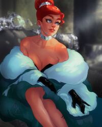Rule 34 | 1girl, adicoon, anastasia (1997), anya (anastasia), bad source, black gloves, blue eyes, choker, coat, commentary, dress, earrings, elbow gloves, english commentary, fur coat, gloves, hair bun, highres, jewelry, looking to the side, mixed-language commentary, red hair, russian commentary, signature, sitting, strapless, strapless dress