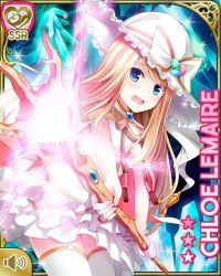 Rule 34 | 1girl, blonde hair, blue background, blue eyes, bow, card, character name, chloe lemaire, dress, girlfriend (kari), hat, ice, indoors, long hair, official art, open mouth, qp:flapper, red bow, scared, solo, tagme, wand, white dress, white hat, witch, witch hat