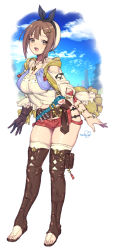 Rule 34 | 1girl, atelier (series), atelier ryza, atelier ryza 1, belt, blue belt, blush, boots, bracelet, breasts, brown eyes, brown gloves, brown hair, cleavage, flask, full body, gloves, hair ornament, hairclip, hat, hat ribbon, highres, jacket, jewelry, leather, leather belt, leather gloves, looking at viewer, medium breasts, murata tefu, necklace, open mouth, pouch, red shorts, reisalin stout, ribbon, round-bottom flask, short hair, short shorts, shorts, signature, single glove, sleeveless, sleeveless jacket, smile, solo, star (symbol), star necklace, thick thighs, thigh boots, thigh pouch, thighhighs, thighs, toeless footwear, vial, white hat, yellow jacket