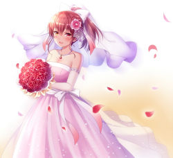 Rule 34 | 1girl, :d, alternate costume, blush, bouquet, breasts, bridal veil, cleavage, collarbone, commentary, cowboy shot, dress, elbow gloves, flower, gloves, gradient background, hair between eyes, hair flower, hair ornament, hair ribbon, heterochromia, highres, holding, holding bouquet, hololive, houshou marine, jewelry, lace, lace gloves, looking at viewer, medium breasts, necklace, open mouth, orange background, pearl necklace, pendant, petals, pink flower, pink rose, ponytail, red eyes, red flower, red rose, ribbon, rose, sash, smile, solo, standing, strapless, strapless dress, suzumia (daydream), veil, virtual youtuber, wedding, wedding dress, white background, wind, wind lift, yellow eyes