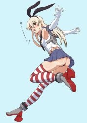 Rule 34 | 10s, 1girl, ass, black panties, blonde hair, blush, elbow gloves, gloves, hair ornament, hairband, kantai collection, long hair, nigou, open mouth, panties, shimakaze (kancolle), skirt, solo, striped clothes, striped thighhighs, thighhighs, thong, underwear, white gloves