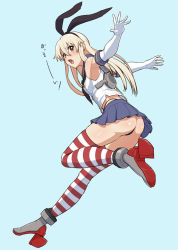 10s 1girl ass black_panties blonde_hair blush elbow_gloves female_focus gloves hair_ornament hairband kantai_collection long_hair nigou open_mouth panties shimakaze_(kancolle) skirt solo striped_clothes striped_thighhighs thighhighs thong underwear white_gloves