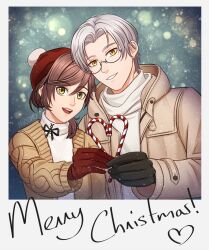 Rule 34 | 1boy, 1girl, :d, black gloves, brown coat, brown hair, brown jacket, candy, candy cane, christmas, coat, food, glasses, gloves, green eyes, grin, hat, highres, holding, holding food, jacket, long hair, long sleeves, merry christmas, micoho art, open mouth, red gloves, rosa (tears of themis), santa hat, short hair, smile, sweater, tears of themis, teeth, upper body, vyn richter (tears of themis), white hair, white sweater, yellow eyes