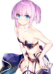 Rule 34 | 1girl, bare shoulders, blue eyes, blunt bangs, breasts, chiyoda momo, collarbone, commentary request, cosplay, garter straps, highres, holding, lilith (machikado mazoku), looking at viewer, machikado mazoku, narumiya (empty cafe), navel, pink hair, ponytail, scar, short hair, simple background, small breasts, white background, yoshida yuuko (machikado mazoku), yoshida yuuko (machikado mazoku) (cosplay)
