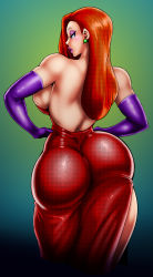 Rule 34 | 1girl, ass, backless dress, backless outfit, bad id, bad tumblr id, bare back, bare shoulders, blue eyes, breasts, colorized, curvy, dress, earrings, elbow gloves, eyeshadow, from behind, gloves, hands on own hips, highres, huge ass, huge breasts, jessica rabbit, jewelry, lipstick, long hair, looking at viewer, looking back, makeup, parted lips, red dress, red hair, sideboob, simple background, skin tight, solo, synecdoche, thick thighs, thighs, tinsinrei, tisinrei, white background, who framed roger rabbit, wide hips