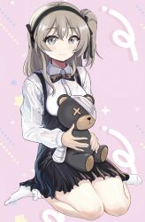 Rule 34 | 1girl, absurdres, black bow, black bowtie, black ribbon, black skirt, bobby socks, boko (girls und panzer), bow, bowtie, brown eyes, casual, collared shirt, girls und panzer, hair ribbon, high-waist skirt, highres, holding, holding stuffed toy, light brown hair, long hair, long sleeves, looking at viewer, medium skirt, no shoes, one side up, pink background, ribbon, shimada arisu, shirt, sitting, skirt, socks, solo, stuffed animal, stuffed toy, suspender skirt, suspenders, teddy bear, wariza, white shirt, white socks, zaofeng