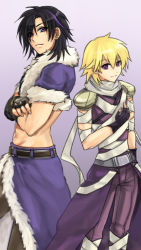 Rule 34 | 2boys, armor, assassin (ragnarok online), bandages, black gloves, black hair, black shirt, blonde hair, brown pants, cape, closed mouth, commentary request, crop top, crossed arms, ear piercing, feet out of frame, fingerless gloves, fur-trimmed cape, fur-trimmed jacket, fur trim, gloves, gradient background, hair between eyes, jacket, looking at viewer, looking to the side, male focus, medium hair, misuguu, multicolored hair, multiple boys, open clothes, open jacket, pants, pauldrons, piercing, purple background, purple cape, purple eyes, purple hair, purple jacket, purple pants, purple shirt, ragnarok online, shirt, short hair, short sleeves, shoulder armor, sleeveless, sleeveless shirt, smile, stalker (ragnarok online), streaked hair, vambraces, waist cape