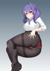 Rule 34 | 1girl, absurdres, alternate costume, ass, azur lane, black pantyhose, blue hair, blush, breasts, chym39, closed mouth, collared shirt, feet, foreshortening, gradient background, hair ribbon, highres, italian flag, large breasts, looking at viewer, lying, medium hair, office lady, on side, panties, panties over pantyhose, pantyhose, pola (azur lane), red-framed eyewear, red eyes, red panties, ribbon, semi-rimless eyewear, shirt, signature, smile, soles, solo, toes, two side up, underwear, white shirt