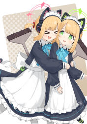 &gt;_&lt; 2girls :d abstract_background ame_miya_ta animal_ear_headphones animal_ears apron black_dress blonde_hair blue_archive blue_bow blush bow cat_ear_headphones commentary cowboy_shot dress fake_animal_ears frilled_apron frills green_eyes green_halo halo headphones highres hug long_sleeves maid maid_apron maid_headdress midori_(blue_archive) midori_(maid)_(blue_archive) momoi_(blue_archive) momoi_(maid)_(blue_archive) mop multiple_girls official_alternate_costume open_mouth pink_halo short_hair siblings sisters smile sweatdrop tail twins white_apron