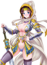 Rule 34 | 1girl, armband, armor, bad id, bad pixiv id, bikini armor, blue eyes, breasts, brown hair, cameltoe, cleavage, earrings, elspeth tirel, endou masatoshi, hood, jewelry, large breasts, magic: the gathering, navel, scarf, thighhighs, thong, weapon